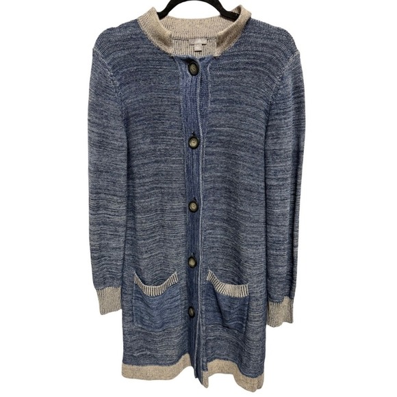 J. Jill Coastal Blue Linen Button Down Cardigan Long Sweater Size Small - Picture 2 of 8